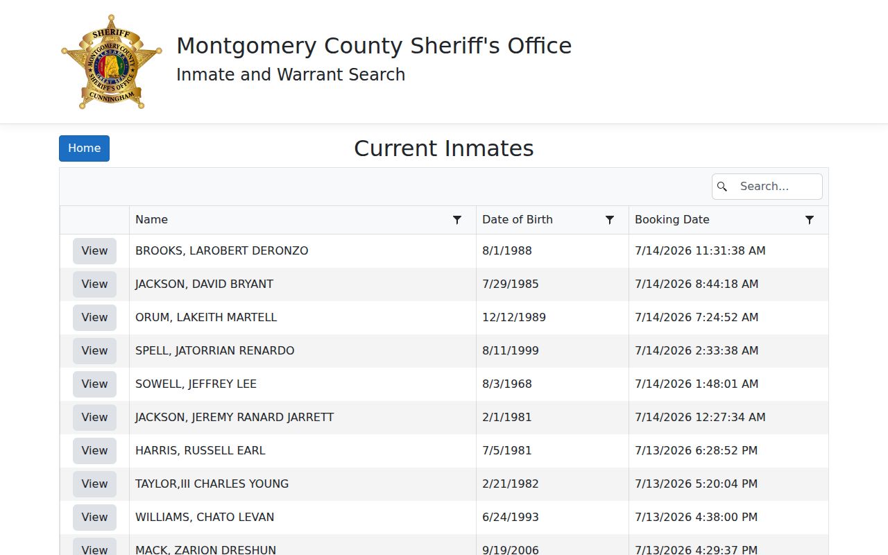Current inmate roster used for Montgomery County arrest record research