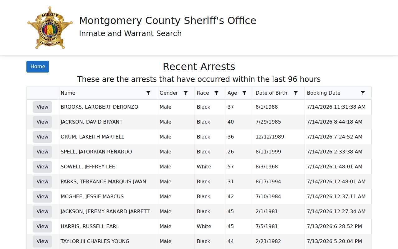 Montgomery County arrest records from the official recent arrests roster