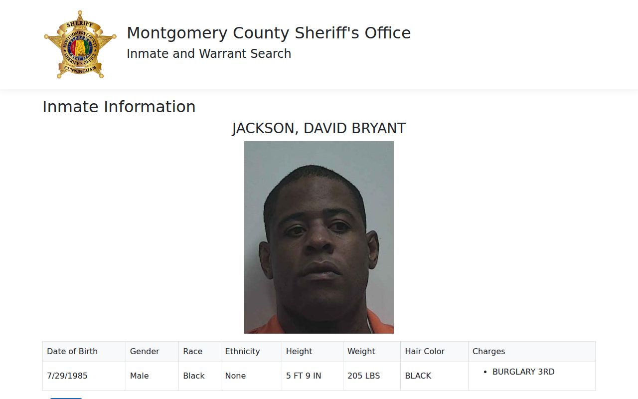 Montgomery County arrest record inmate detail field example