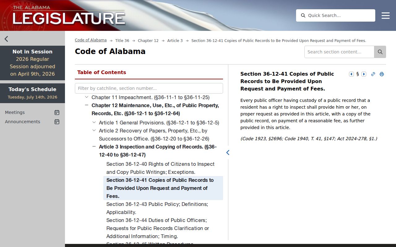 Alabama Section 36-12-41 copy rule for Montgomery County court records