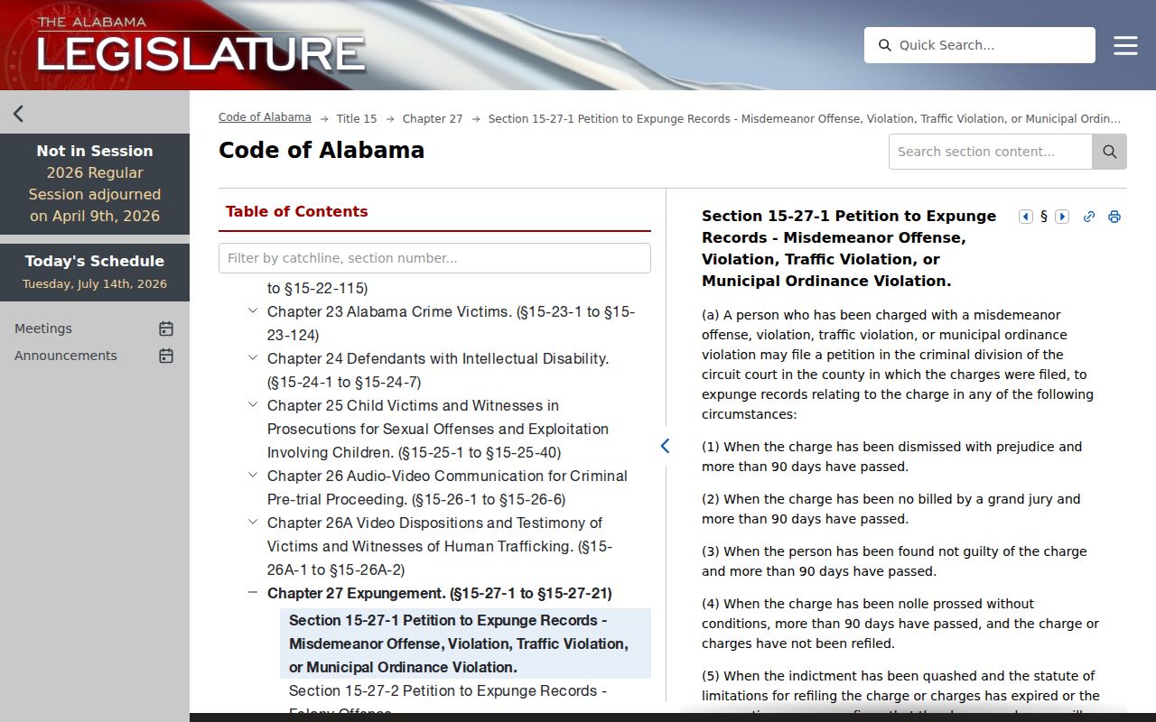 Alabama misdemeanor expungement law for Montgomery County criminal records