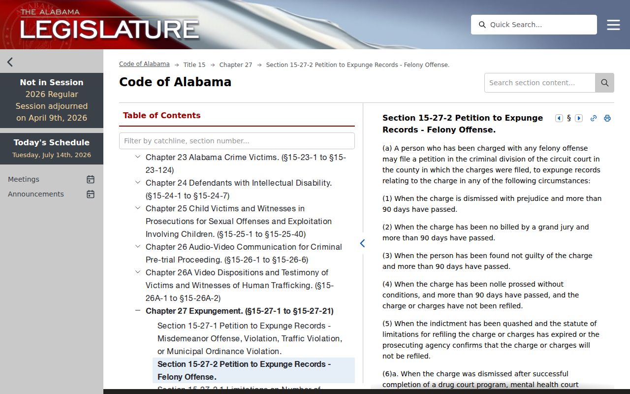 Alabama felony charge expungement law for Montgomery County criminal records