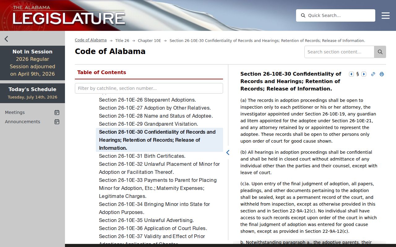 Alabama adoption confidentiality law affecting Montgomery County court records