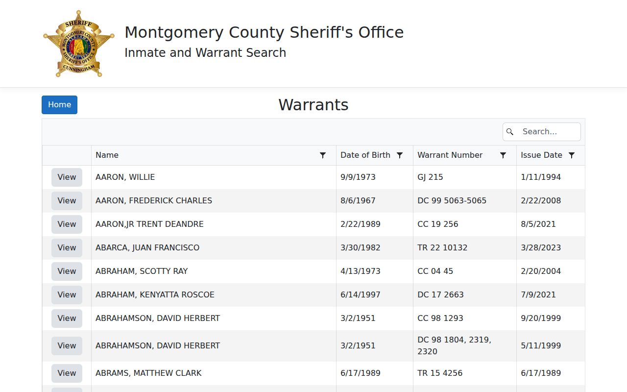 Montgomery County warrant search outstanding warrant roster