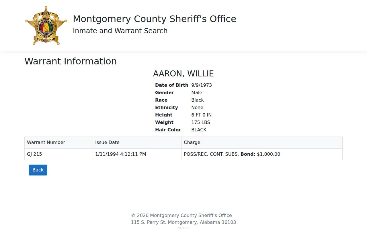 Montgomery County warrant record detail page